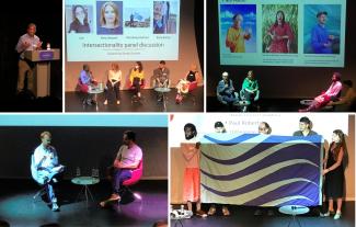 A collage of people standing at lecturns, sitting in a group and one-to-one, and a group of people holding a flag.