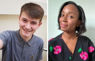 A montage featuring a young man and a young woman, both looking at the camera and smiling