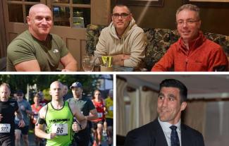 Three men sitting around a table looking at the camera, above a man running in a sponsored run, and a man in a suit