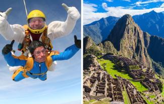 Two people doing a tandem skydive, both giving a thumbs up to the camera, and Macchu Picchu