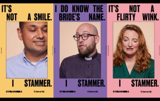 Three posters showing people mid-stammer