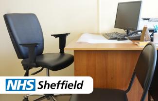 An empty doctor's consultancy room, with a question mark on one of the chairs and the words 'NHS Sheffield'