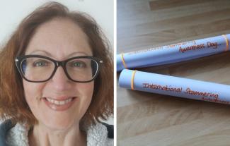 A woman smiling, next to two scrolls with 'International Stammering Awareness Day' written on them