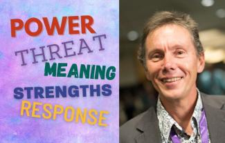 A man smiling, next to the words 'Power', 'Threats', 'Meaning', 'Strengths' and 'Response'