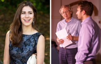 A woman smiling, plus two men rehearsing for a play, one with a page in his hand, looking at the other man