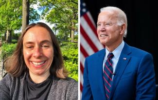 A woman smiling, next to a picture of President Joe Biden, smiling