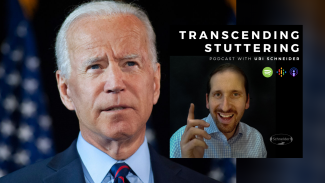 President Joe Biden looking into the distance, with an inset of a man looking at the camera and smiling