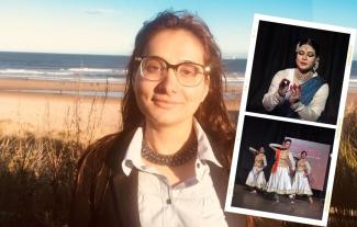 A woman smiling, with a beach behind her. Interspersed are pictures of woman doing Indian dancing