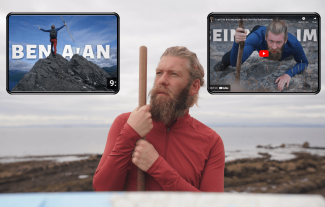 A man on a shore holding a stick and looking into the distance, with insets of him mountain climbing