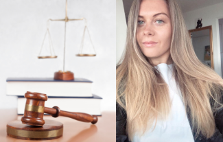 A set of scales, a gavel, and a woman smiling