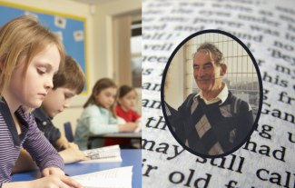 A girl in a school classroom reading from a book, and a man smiling