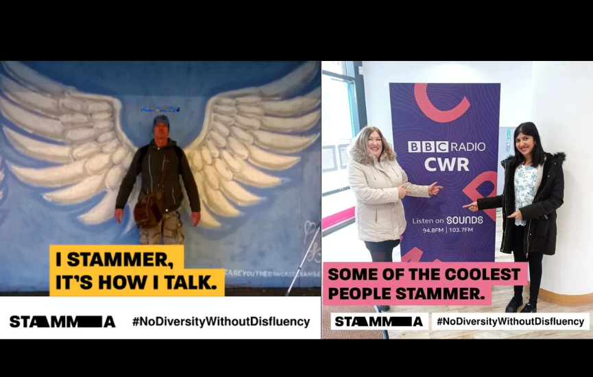 Two pictures, one of a man posing in front of an image of angel wings, the other of two women standing in front of a sign